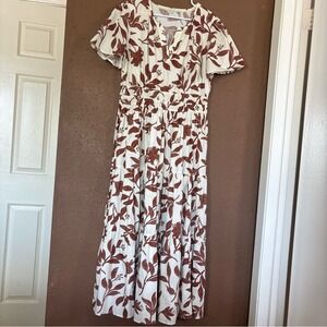 Kate & Sam Women White Brown Floral Leaf Tiered Maxi Dress Smocked Waist Large